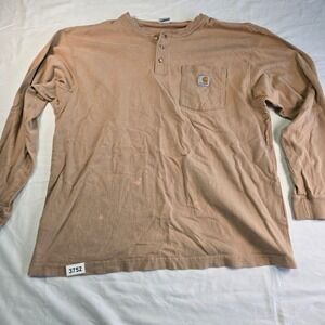 Carhartt Long Sleeve Pocket T Shirt Mens Large Beige Henley Cotton Workwear